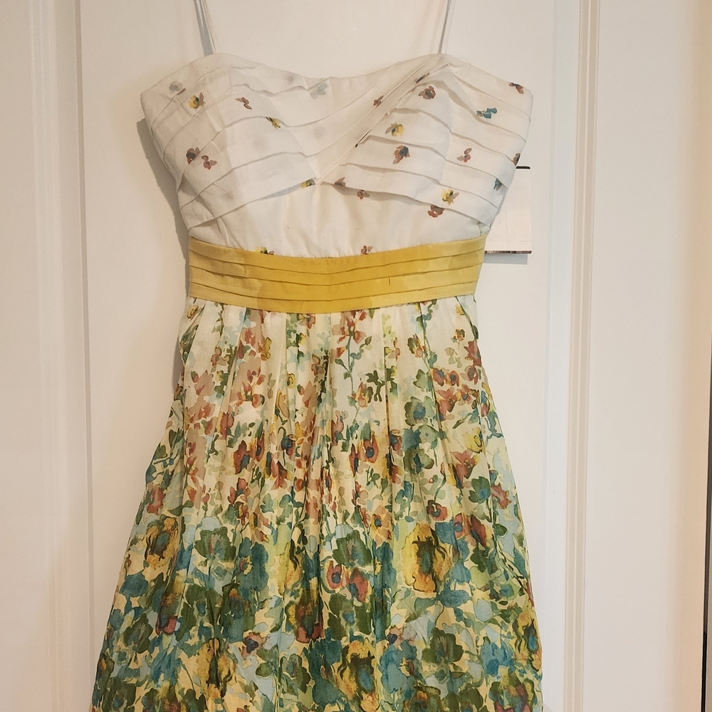 City Triangles Womans Floral Dress Tulle Spaghetti Strap Midi  Yellow Bow NWT